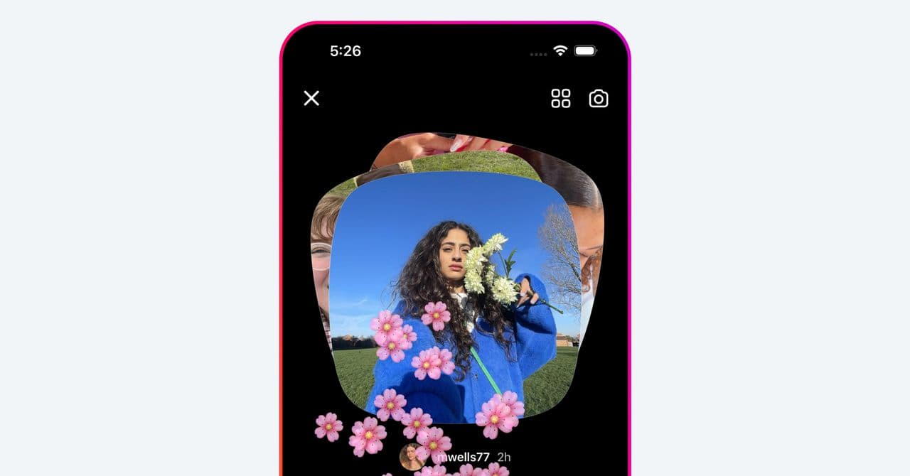 Captura de pantalla de la app Instants con fotos que desaparecen, en tonos azules y naranjas