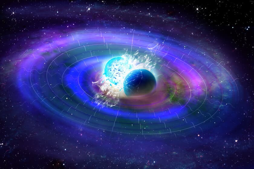 Ilustración de dos satélites en el espacio con rayos de luz curvados, representando ondas gravitacionales.