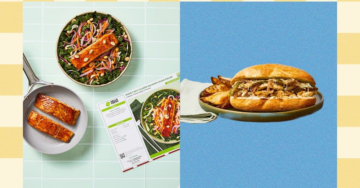 Caja de HelloFresh con ingredientes frescos sobre una mesa de madera, fondo desenfocado de cocina minimalista