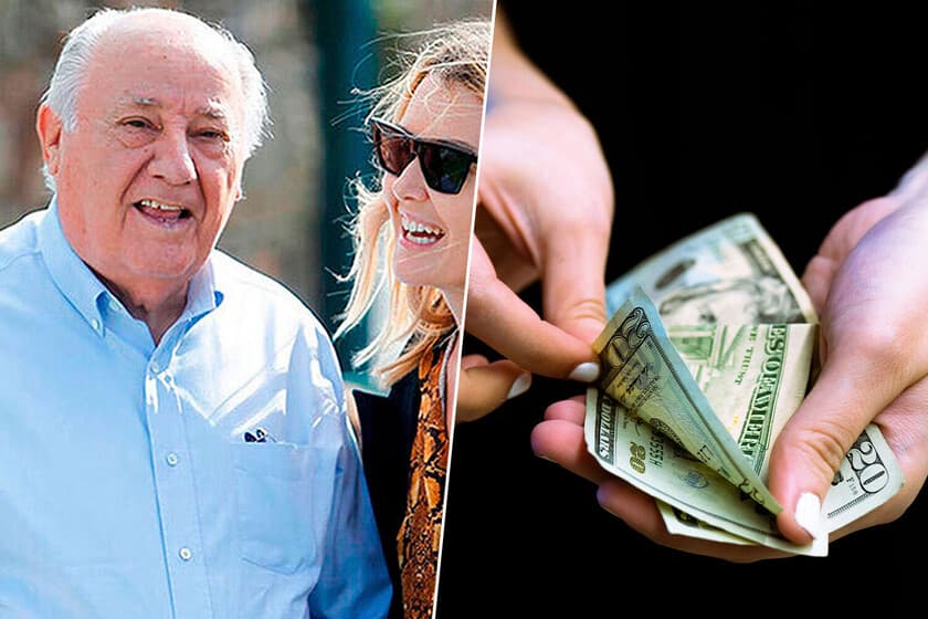 Fotografía de Amancio Ortega con expresión seria, de fondo un rascacielos en construcción