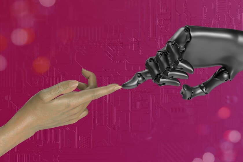Ilustración de un robot humanoide junto a un servidor de datos, con logos de Samsung, Hyundai y LG al fondo.