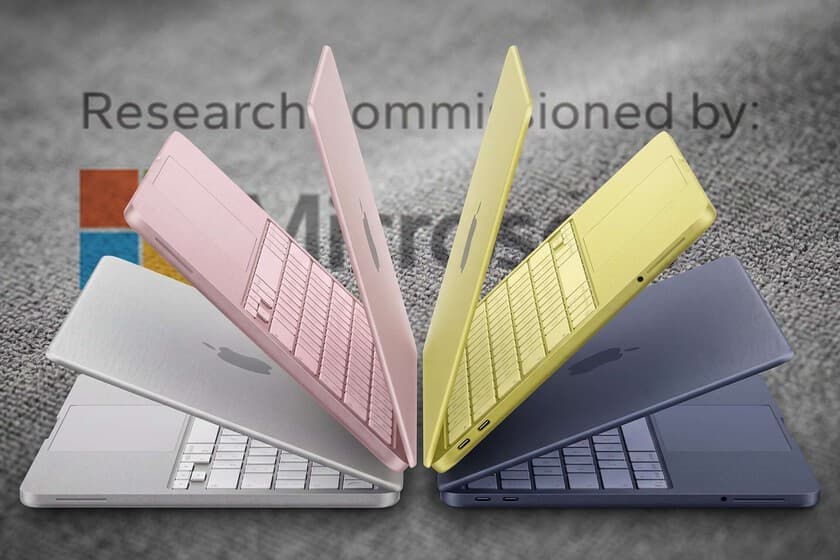 Portátil Windows junto a un MacBook Neo, con un signo de interrogación superpuesto