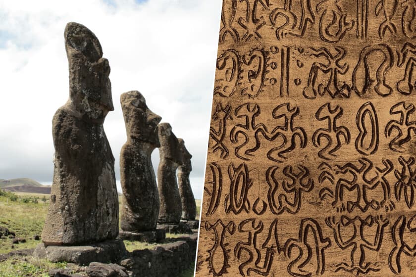 Fotografía de la tablilla de madera con glifos rongorongo descubierta en Rapa Nui