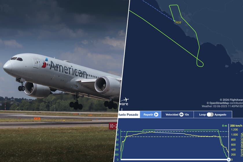 Boeing 787 en pista de aterrizaje con el aeropuerto de Nápoles de fondo