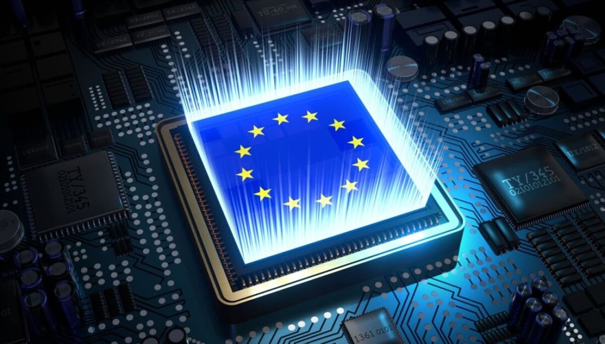 Mapa de Europa con nubes de datos conectadas a chips de silicio etiquetados como Intel, AMD y TSMC