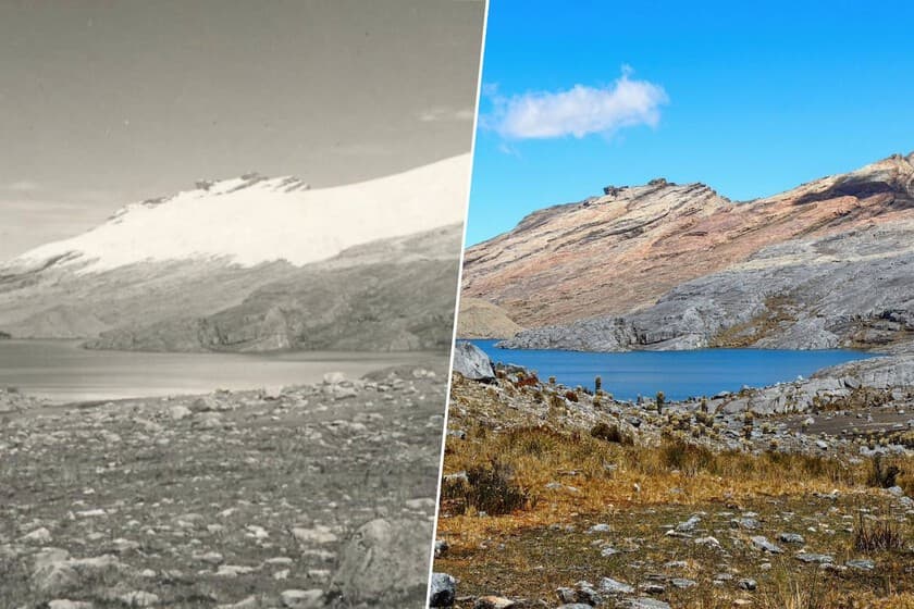 Imagen satelital del glaciar Cerros de la Plaza en Colombia mostrando su retroceso