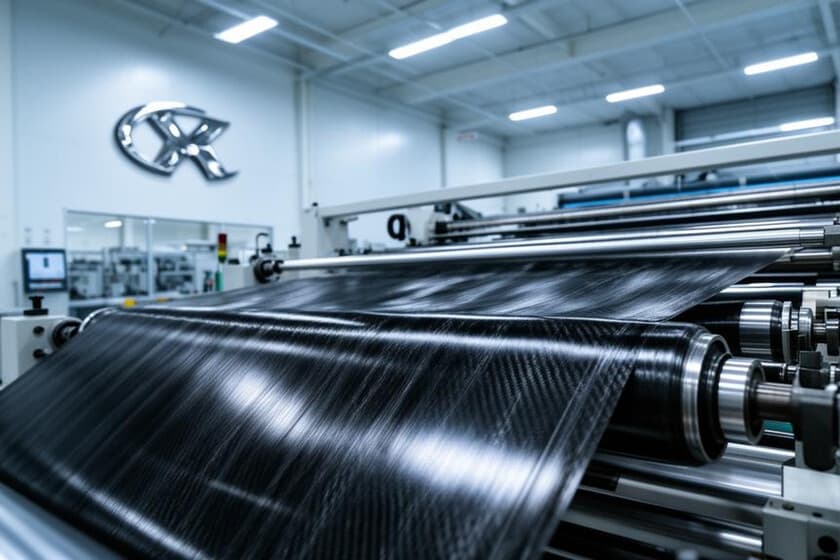 Fotografía de rollos de fibra de carbono en una fábrica china con luz industrial