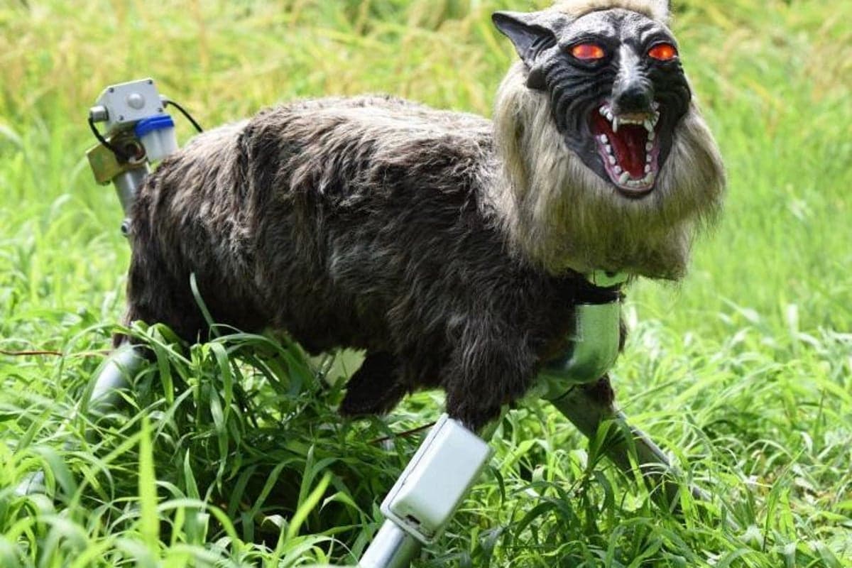 Robot lobo Monster Wolf con ojos rojos brillantes y pelaje sintético, instalado en una zona rural japonesa
