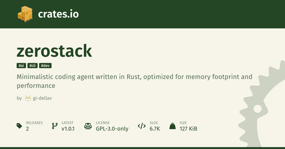 Captura de pantalla del crate Zerostack en crates.io con código Rust de fondo