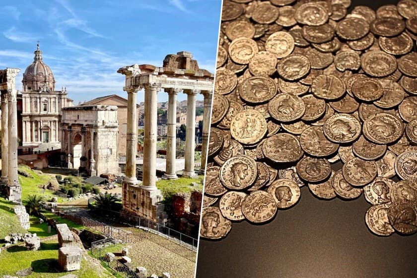 Montón de monedas romanas antiguas de bronce y plata desenterradas