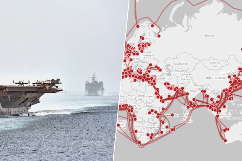 Mapa del estrecho de Ormuz con rutas de cables submarinos y banderas de Irán, Google, Amazon y Microsoft