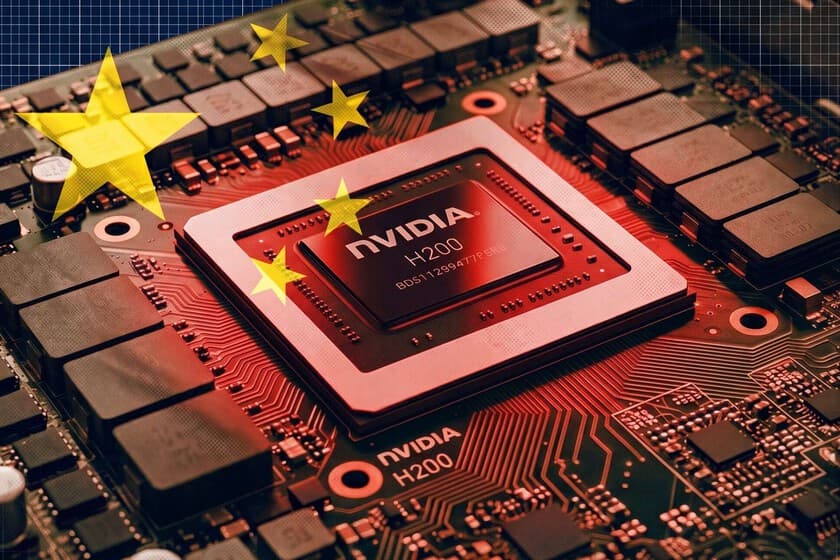 Fotografía de un centro de datos con servidores y cables de red, con una bandera china al fondo y un logotipo de Nvidia