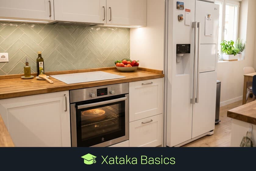 Fotografía de una cocina moderna con varios electrodomésticos enchufados, con un gráfico de consumo energético superpues