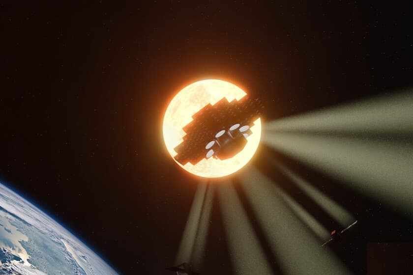 Ilustración de un satélite recibiendo un haz de luz láser desde otro satélite en órbita terrestre