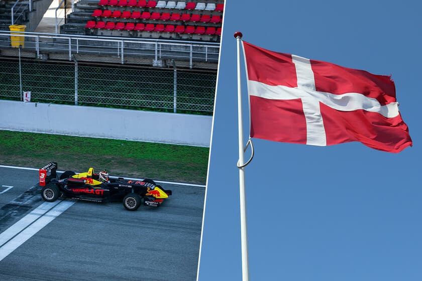 Vista aérea del circuito de carreras de Jyllands-Ringen en Dinamarca, con campos verdes alrededor