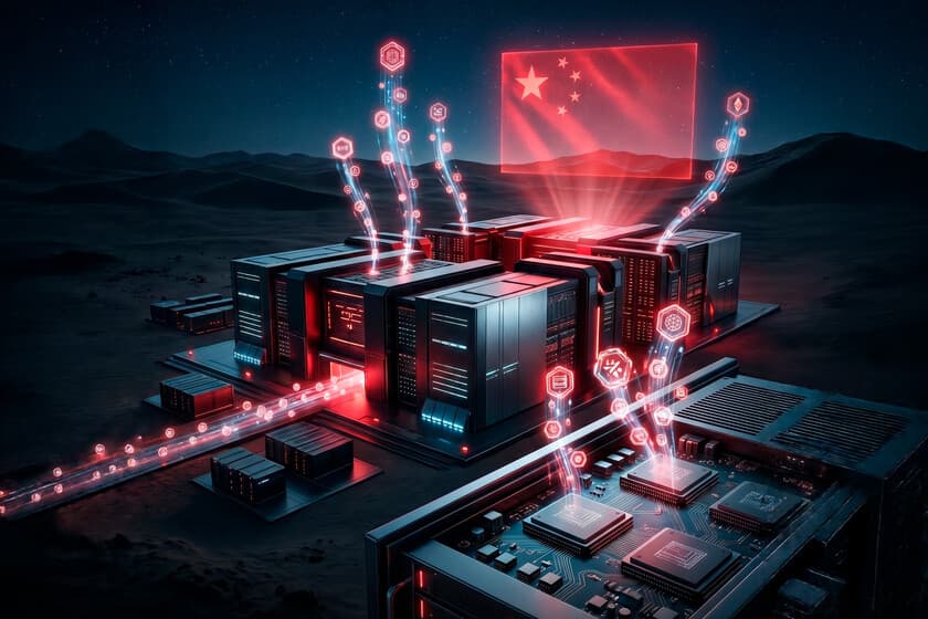 Fotografía de un centro de datos con servidores de IA y banderas chinas, iluminado en tonos azules y rojos.