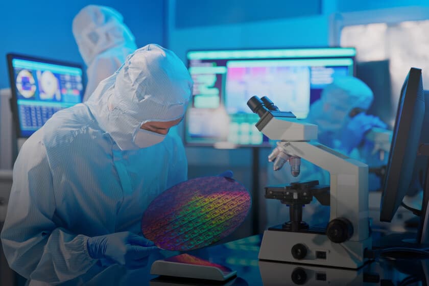 Fotografía de una obrera india en una fábrica de semiconductores, con máscara y bata blanca, inspeccionando obleas de si