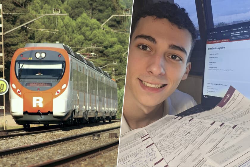 Estudiante con billete de tren y calculadora, fondo de andén abarrotado