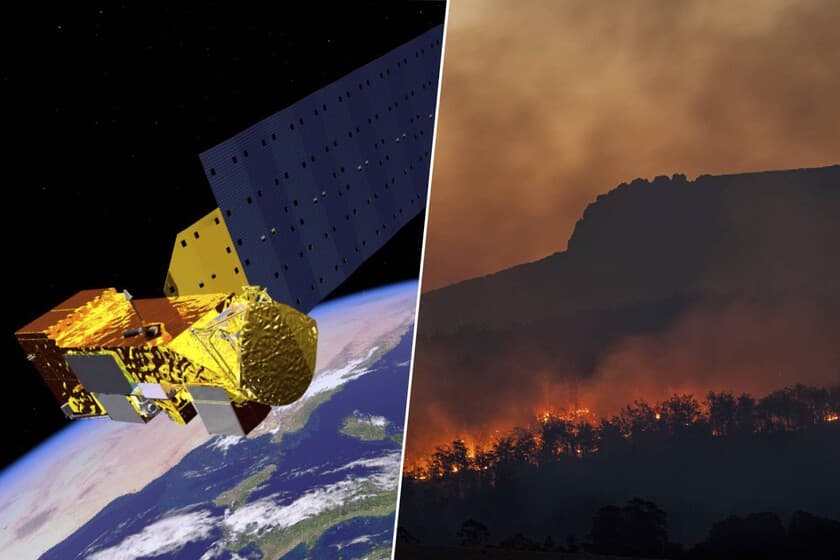 Ilustración de un satélite esquivando basura espacial sobre un mapa con puntos ciegos