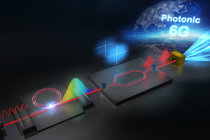 Ilustración de un chip transmisor diminuto con ondas de radio de alta frecuencia