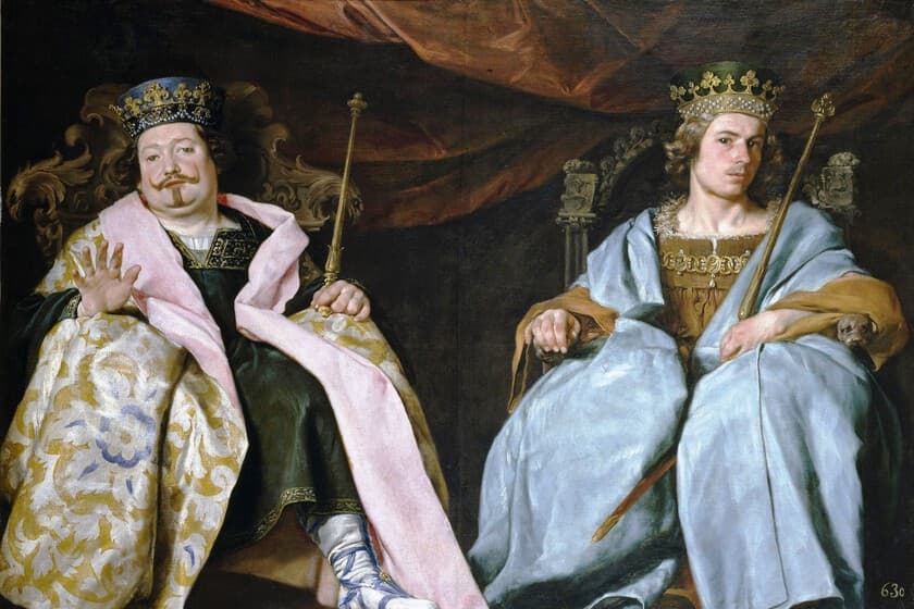 Ilustración medieval de un rey obeso sentado en un trono, rodeado de cortesanos