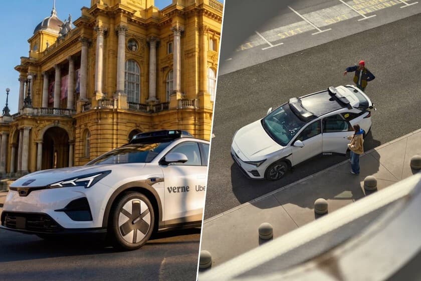 Coche autónomo blanco circulando por las calles de Zagreb con sensores en el techo
