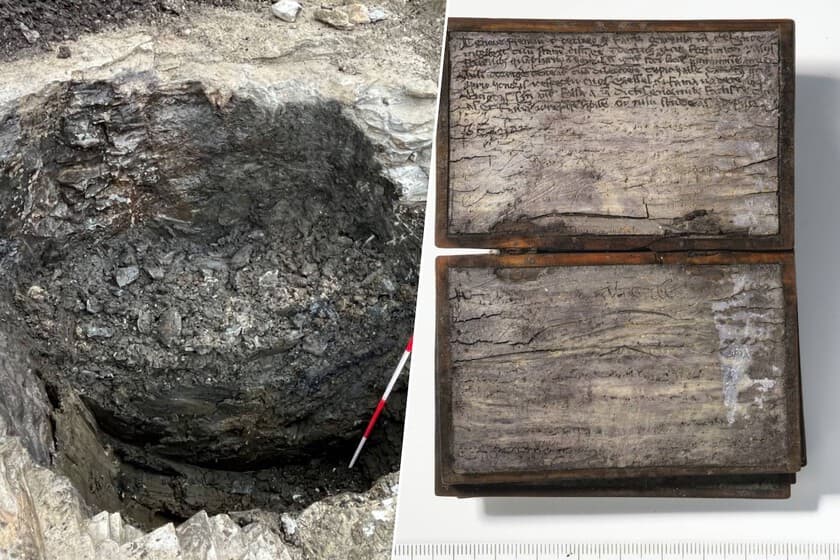 Fotografía de un cuaderno de cera medieval con escritura latina, hallado en una letrina en Alemania