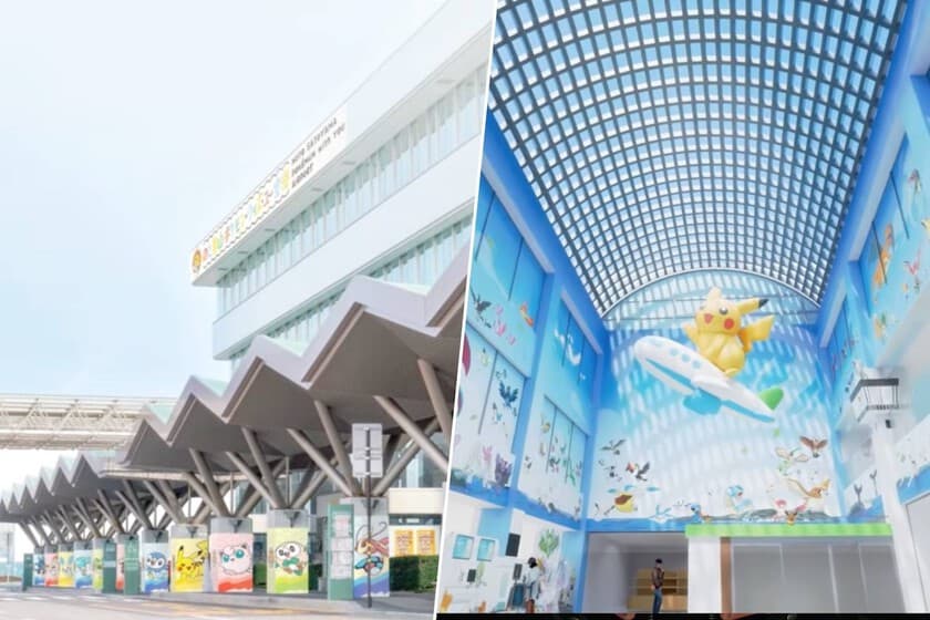 Interior del aeropuerto de Takamatsu decorado con figuras y murales de Pokémon