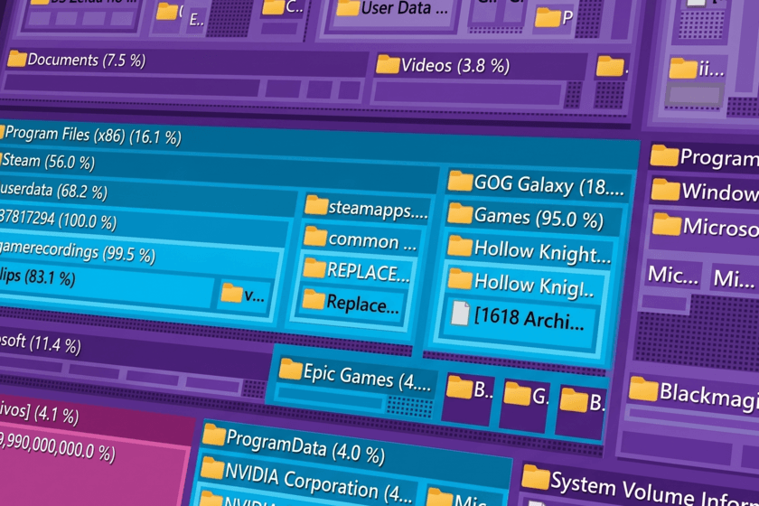 Captura de pantalla de WizTree mostrando un mapa de bloques de archivos en un disco duro