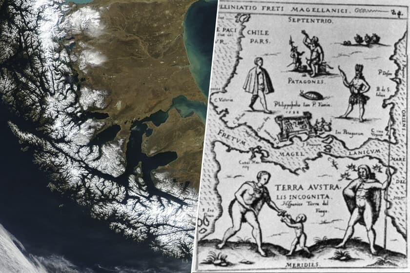 Ilustración antigua del estrecho de Magallanes con un barco y una pequeña colonia en la costa
