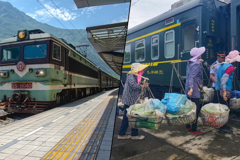Tren rural chino de baja velocidad atravesando un paisaje montañoso