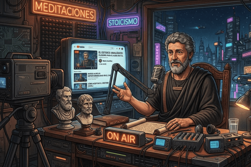 Ilustración de un busto de Marco Aurelio con un smartphone en la mano, rodeado de billetes y gráficos de crecimiento