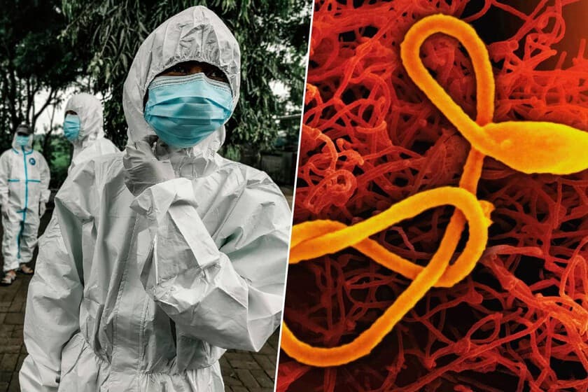 Trabajadores sanitarios con trajes de protección en una clínica rural de Uganda durante el brote de ébola