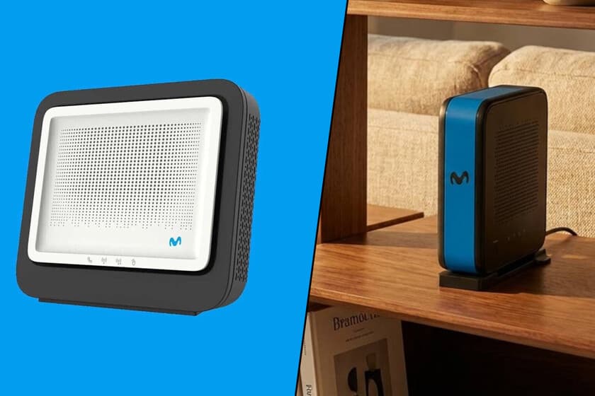 Router WiFi 7 de Movistar sobre fondo oscuro con luces LED azules