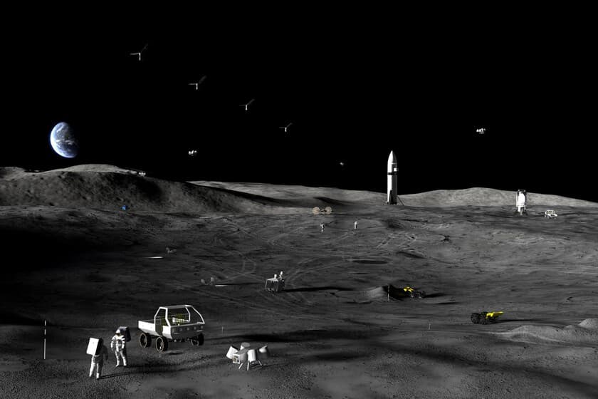 Ilustración de una base lunar en el Polo Sur de la Luna con módulos y paneles solares