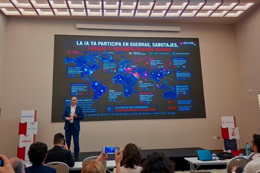 Ilustración de un escudo digital con inteligencia artificial y huellas de ataque cibernético