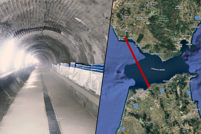 Mapa del estrecho de Gibraltar con la ubicación del Umbral de Camarinal y la ruta propuesta del túnel