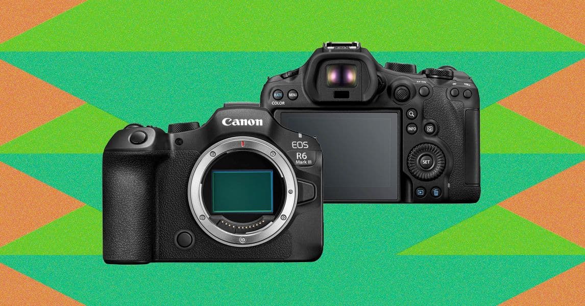 Canon EOS R6 Mark III con lente, vista frontal