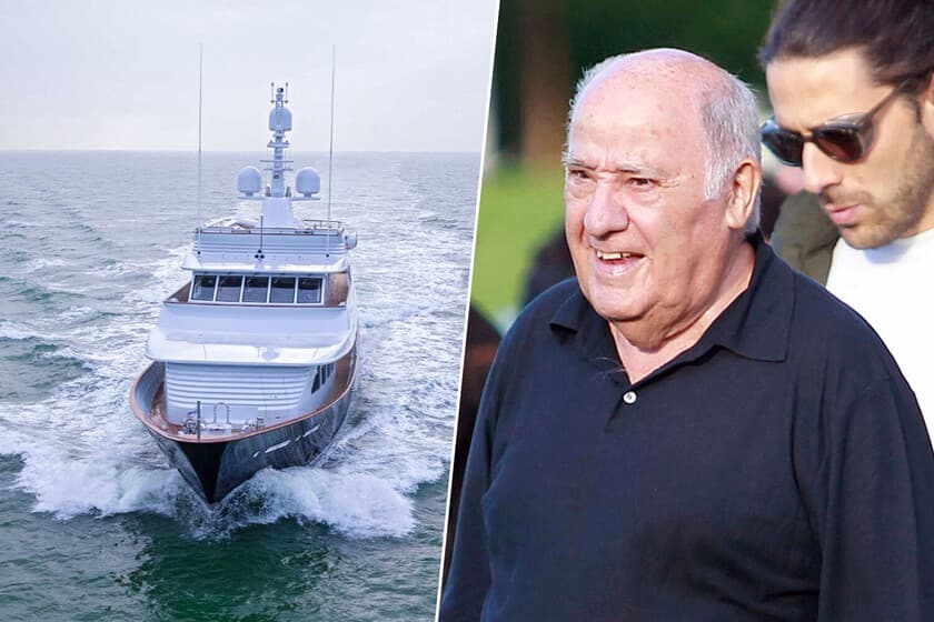 Amancio Ortega subiendo a su yate Drizzle en un puerto, con el mar de fondo