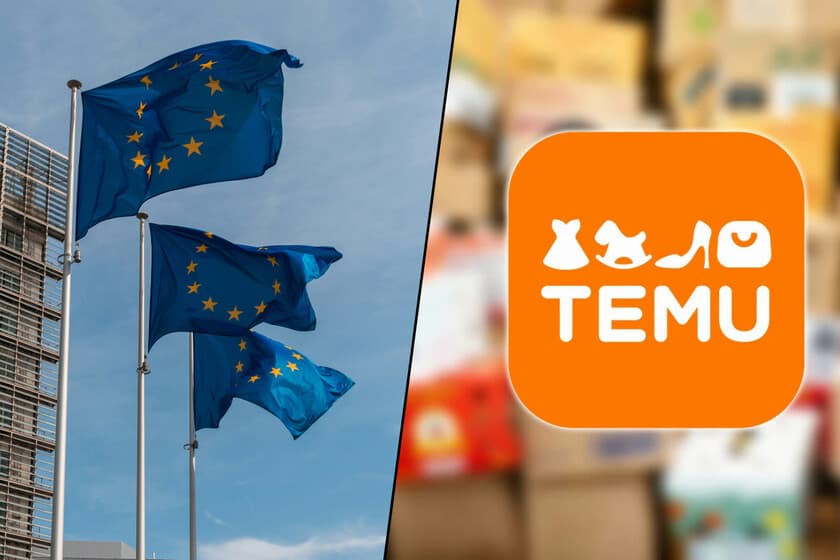 Captura de pantalla de la app de Temu con notificaciones y ofertas, sobre fondo de monedas y un sello de la UE