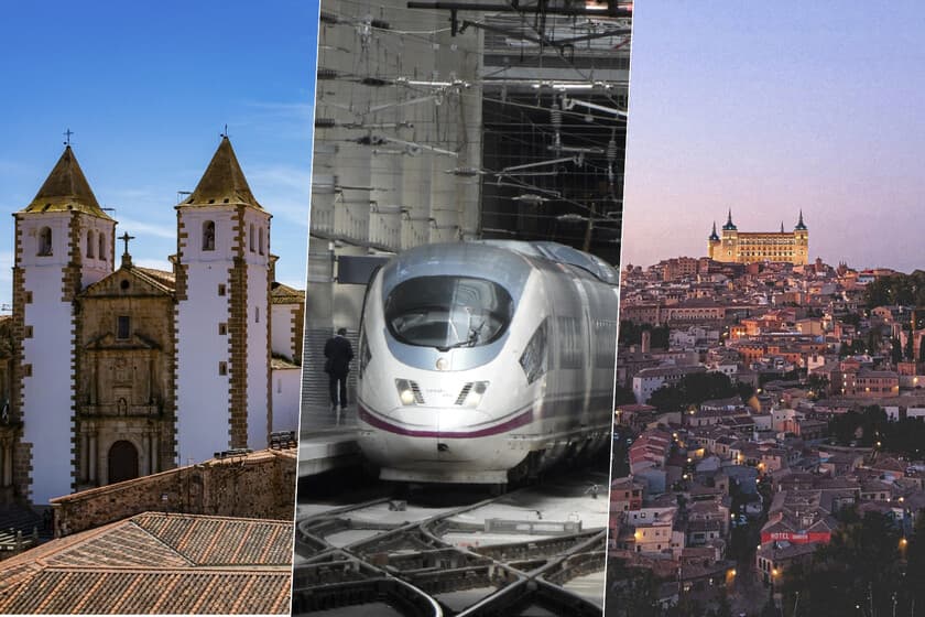 Tren AVE circulando por vías convencionales en paisaje extremeño
