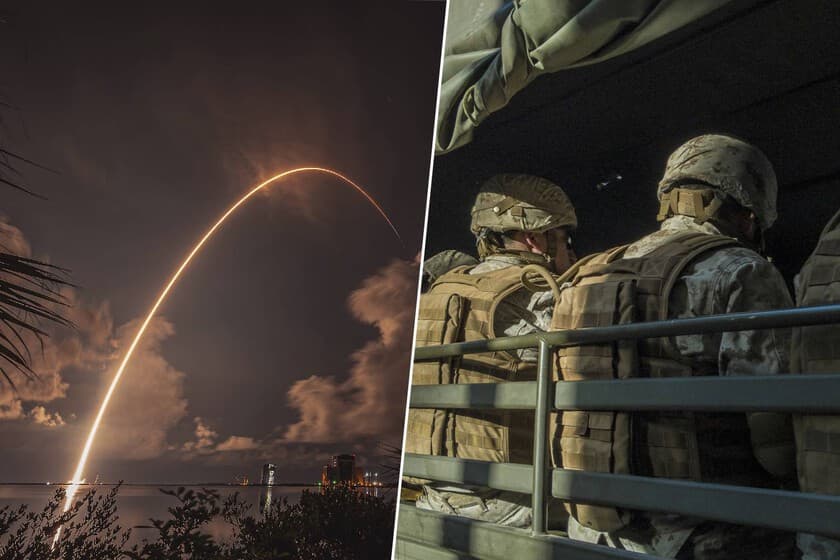 Ilustración de un cohete Falcon Heavy de SpaceX despegando con un satélite militar