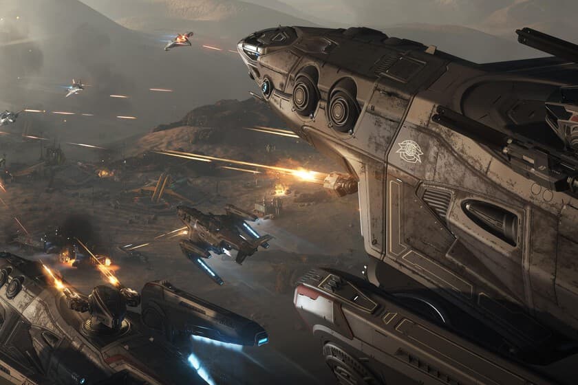 Captura de pantalla de Star Citizen con naves espaciales y planetas, estilo futurista
