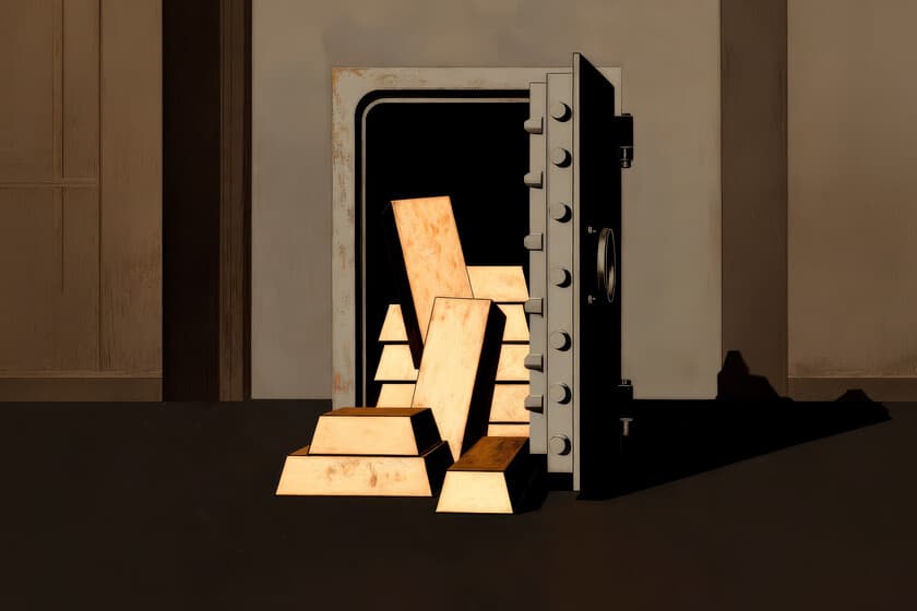 Lingotes de oro apilados sobre una mesa de madera, iluminados tenuemente