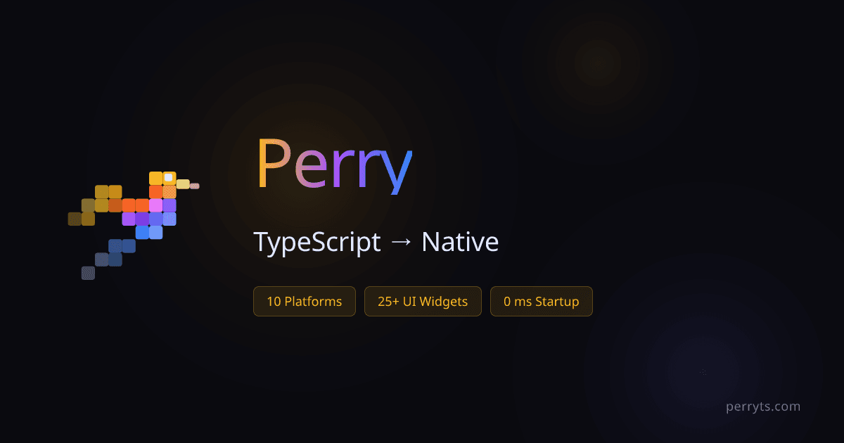 Captura de pantalla del sitio web de Perry mostrando un ejemplo de código TypeScript compilado a un ejecutable nativo