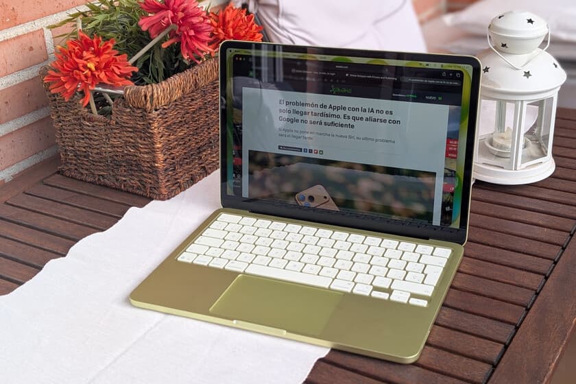 MacBook Neo junto a varios portátiles Windows, con un gráfico de rendimiento superior