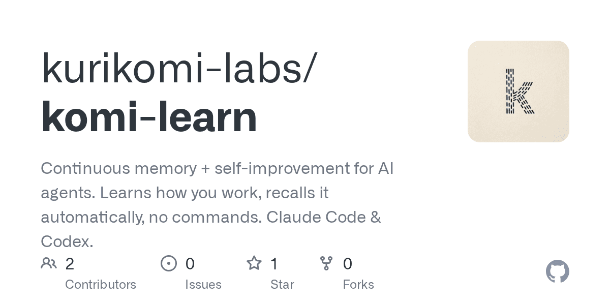 Captura de pantalla del repositorio de Komi-learn en GitHub mostrando el código y la documentación