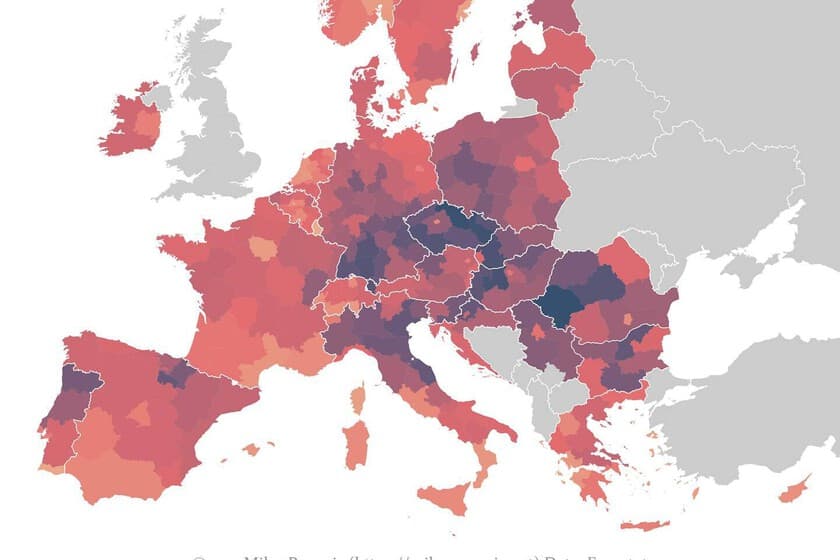 Mapa de Europa con dos mitades coloreadas: Este industrial en azul, Oeste desindustrializado en rojo