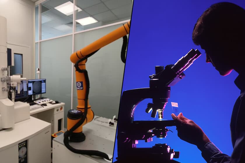 Microscopio de laboratorio con interfaz de IA sobreimpresa, mostrando enfoque automático y análisis de muestras.