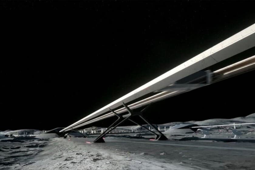 Ilustración de una catapulta gigante en la superficie lunar lanzando un satélite al espacio, con la Tierra de fondo.